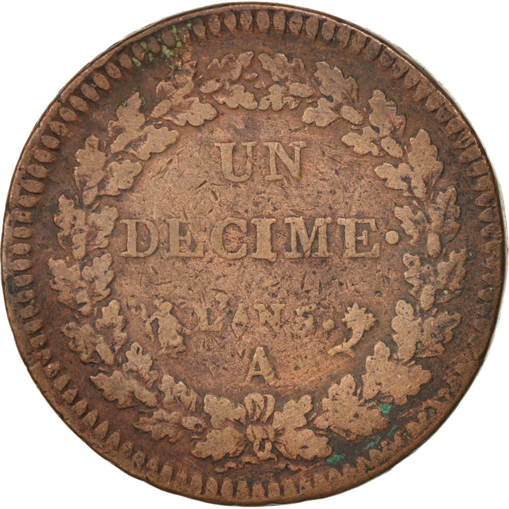 Moneta, Francia, Dupré, Decime, 1796, Paris, MB, Bronzo, KM:644.1, Gadoury:187