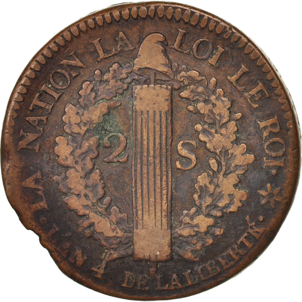 Münze, Frankreich, 2 sols français, 2 Sols, 1792, Strasbourg, S, Bronze