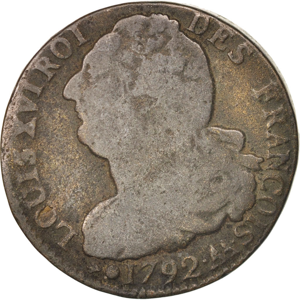 France, Louis XVI, 2 sols françois, 1792, Metz, F(12-15), Bronze, KM:603.2