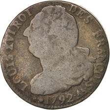 France, Louis XVI, 2 sols françois, 1792, Metz, F(12-15), Bronze, KM:603.2