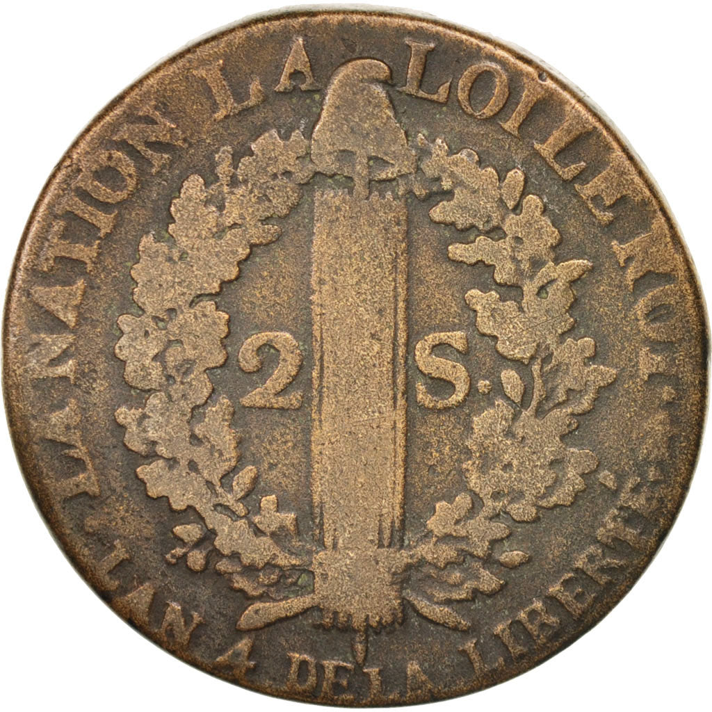 France, Louis XVI, 2 sols françois, 1792, Metz, F(12-15), Bronze, KM:603.2