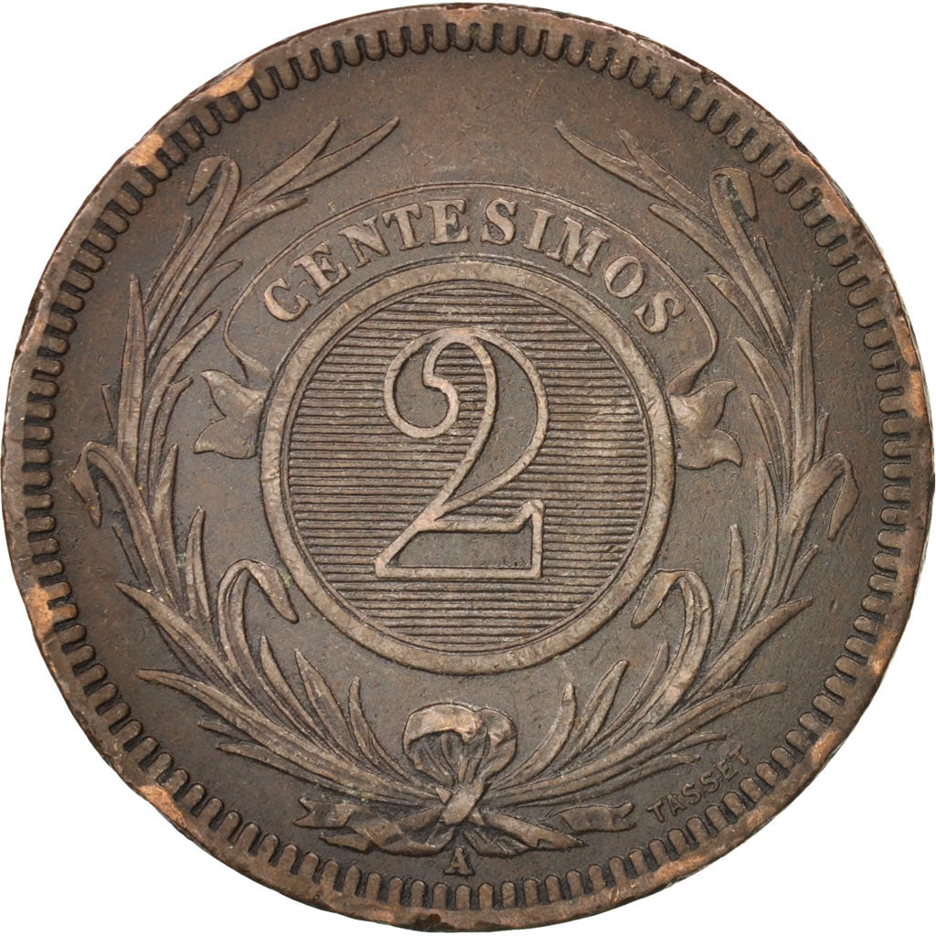 Uruguay, 2 Centesimos, 1869, Uruguay Mint, EF(40-45), Bronze, KM:12