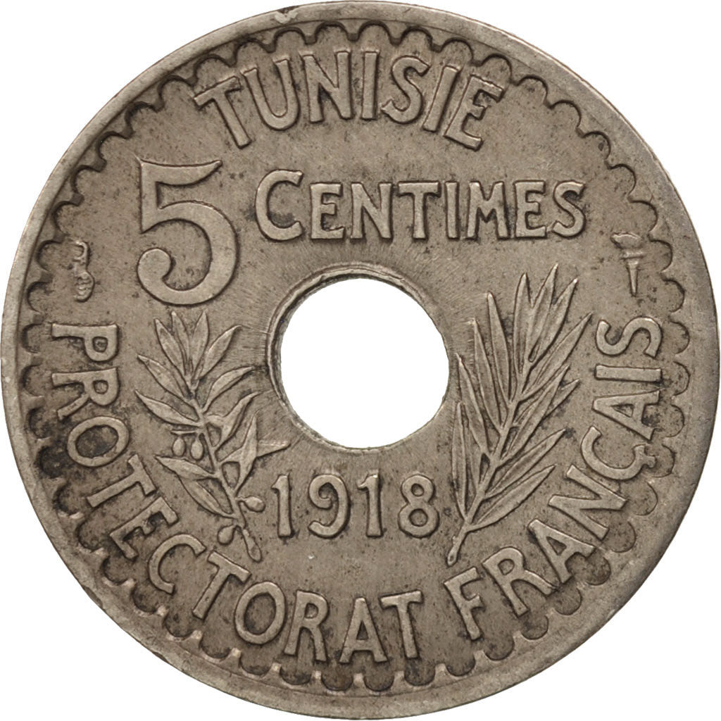 Coin, Tunisia, Muhammad al-Nasir Bey, 5 Centimes, 1918, Paris, AU(50-53)