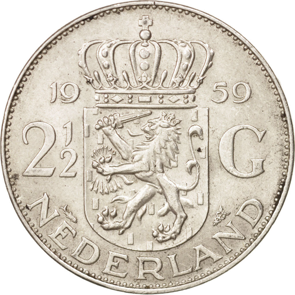 Coin, Netherlands, Juliana, 2-1/2 Gulden, 1959, AU(55-58), Silver, KM:185