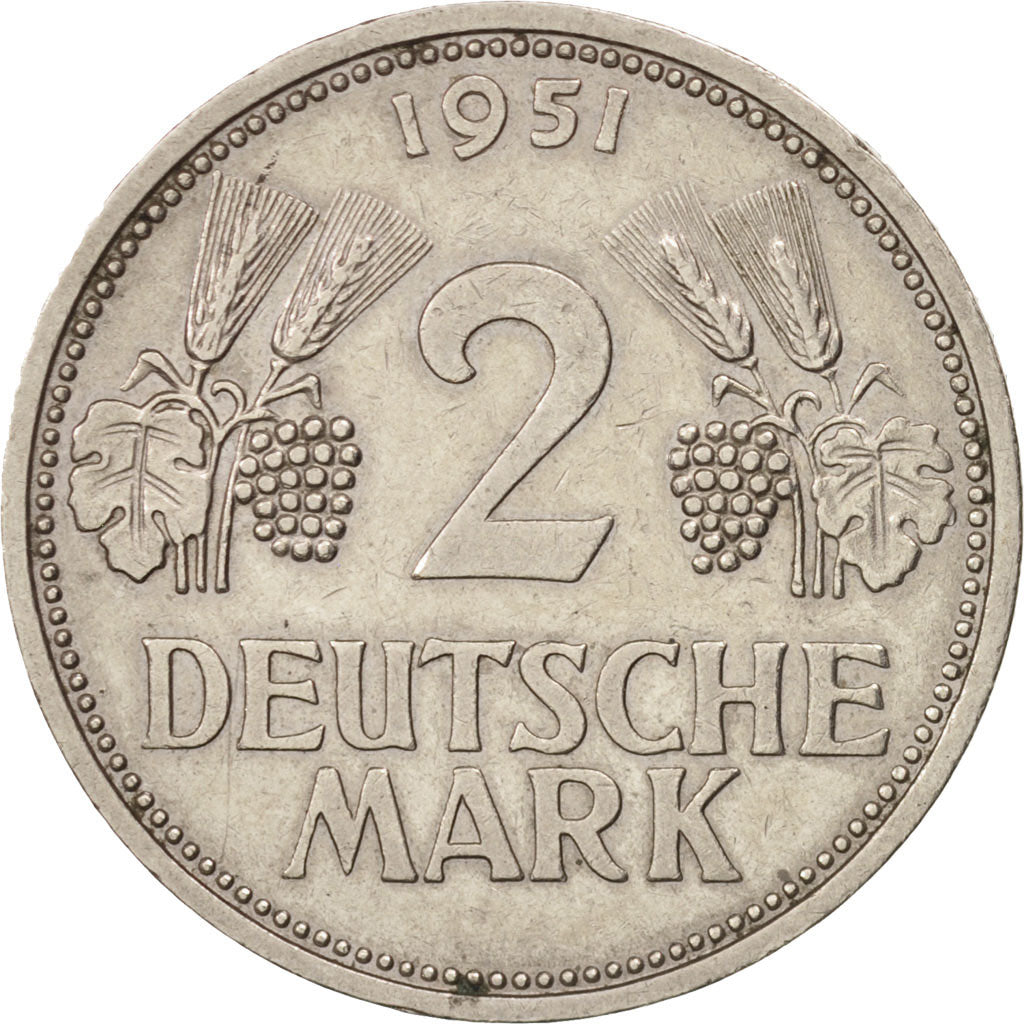 GERMANY - FEDERAL REPUBLIC, 2 Mark, 1951, Stuttgart, AU(55-58), KM:111