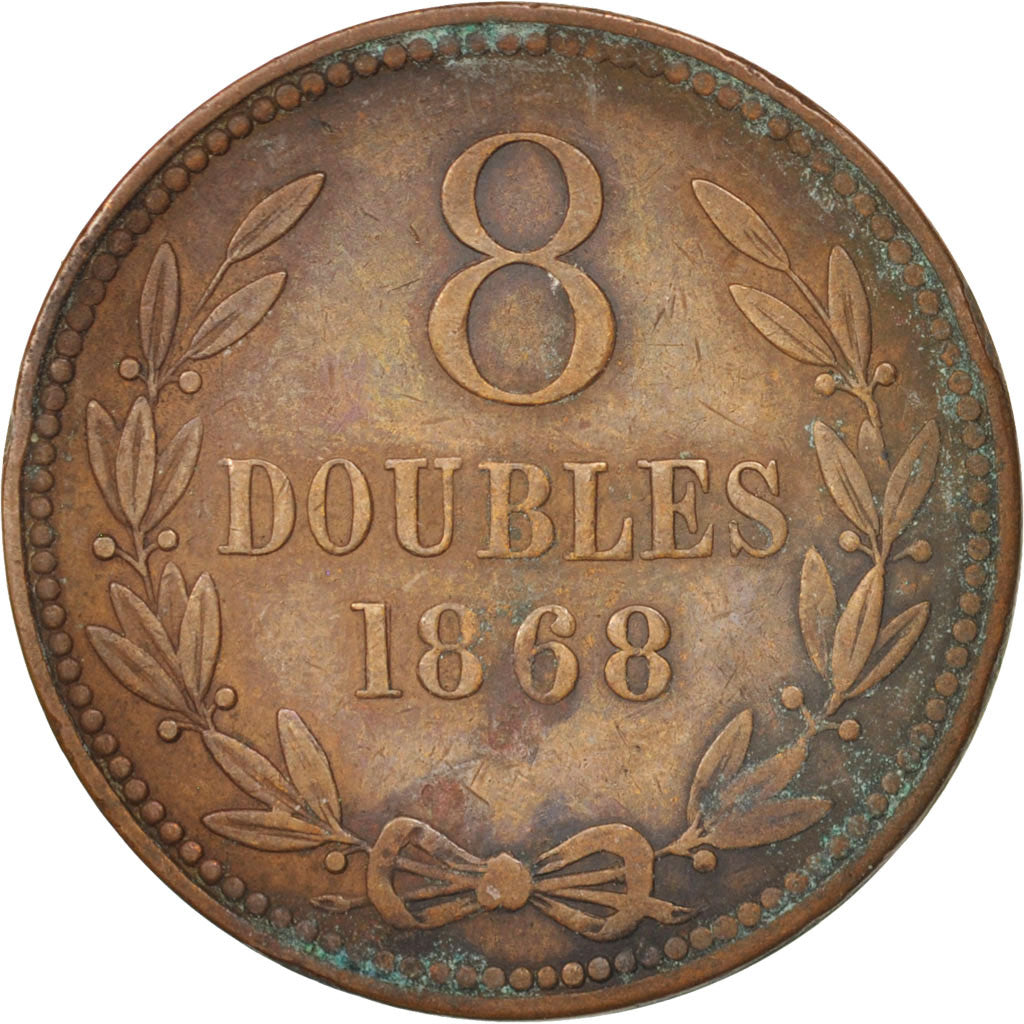 Guernsey, 8 Doubles, 1868, Heaton, Birmingham, EF(40-45), Bronze, KM:7