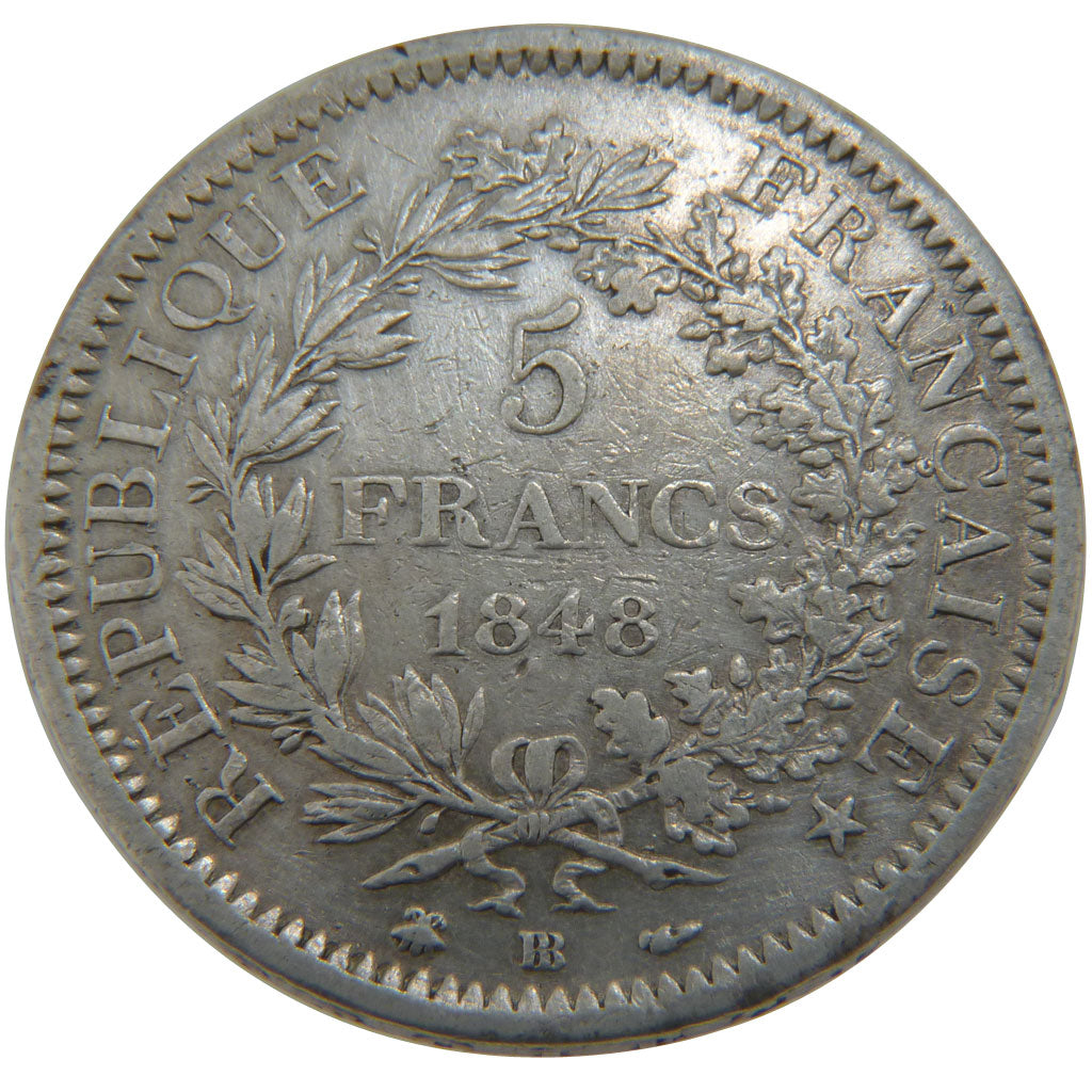 FRANCE, Hercule, 5 Francs, 1848, Strasbourg, VF(30-35), Silver, Gadoury #683,...