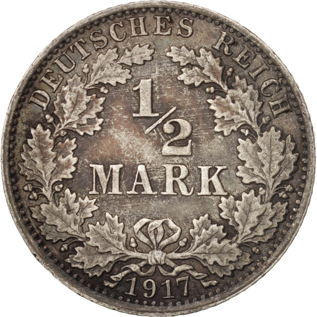 GERMANY - EMPIRE, 1/2 Mark, 1917, Berlin, AU(55-58), Silver, KM:17
