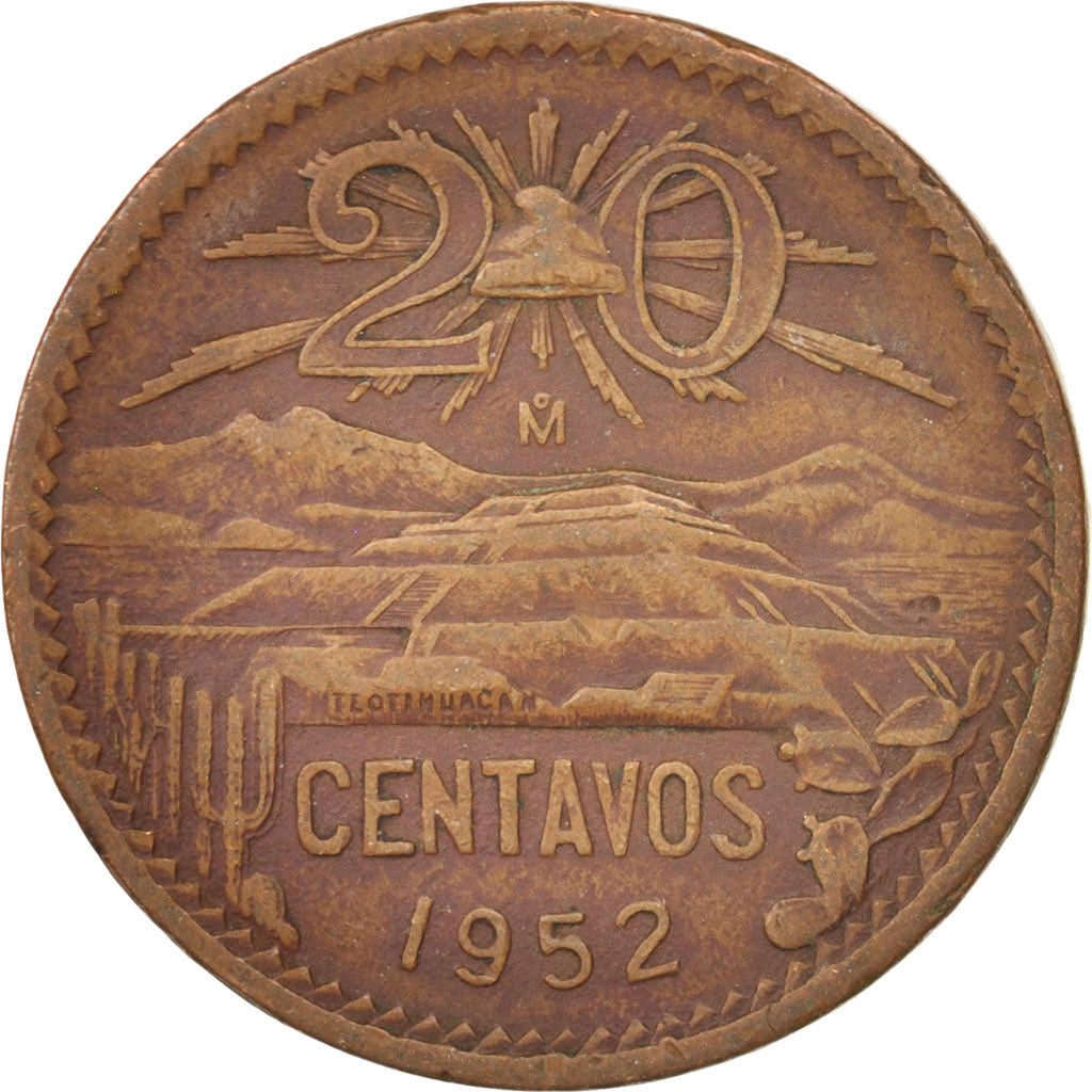 Mexico, 20 Centavos, 1952, Mexico City, EF(40-45), Bronze, KM:439