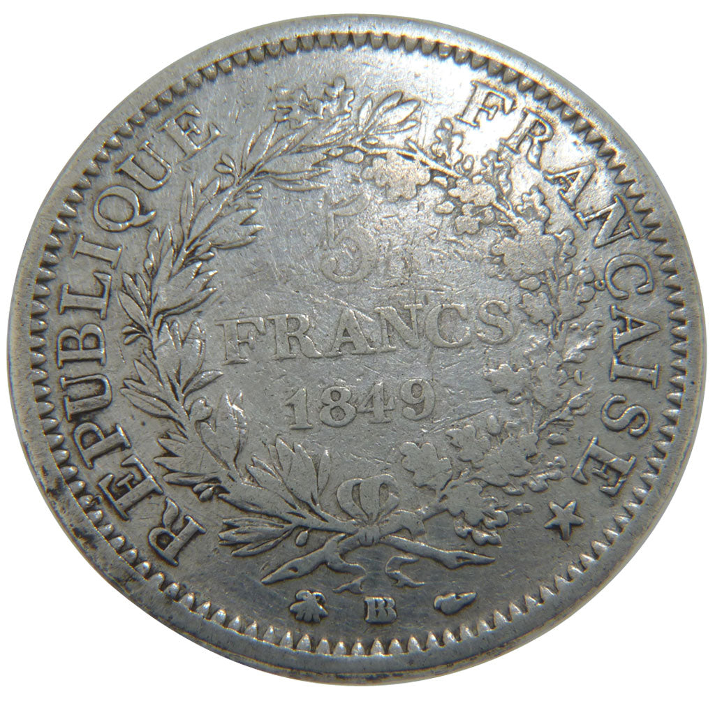 FRANCE, Hercule, 5 Francs, 1849, Strasbourg, KM #756.2, VF(30-35), Silver,...