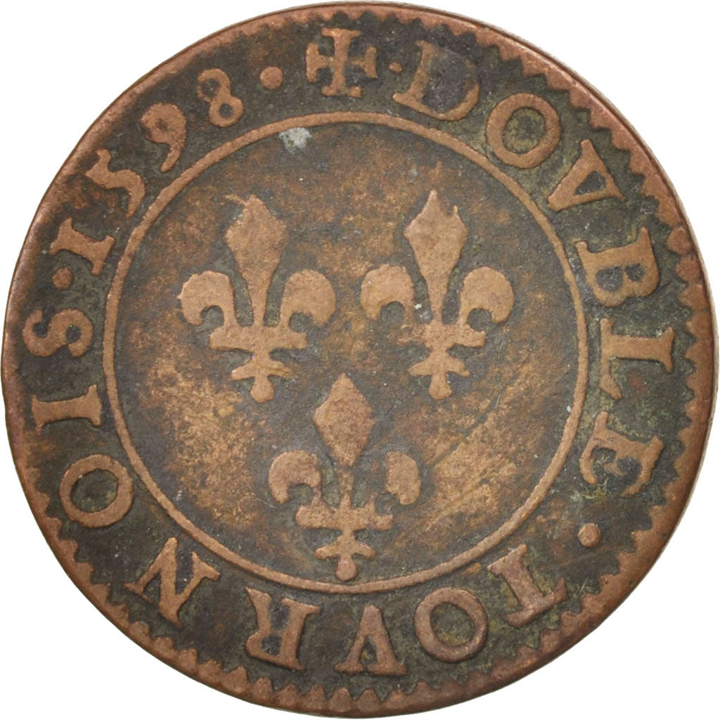 France, Henri IV, Double Tournois, 1598, Paris, VF(30-35), Copper, CGKL:222