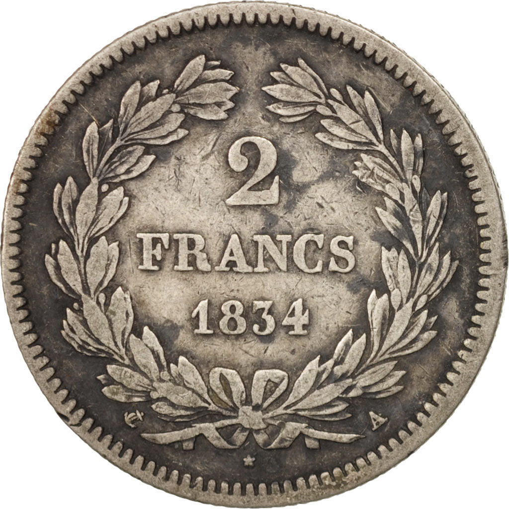 Francia, Louis-Philippe, 2 Francs, 1834, Paris, MB+, Argento, KM:743.1, Gadou...