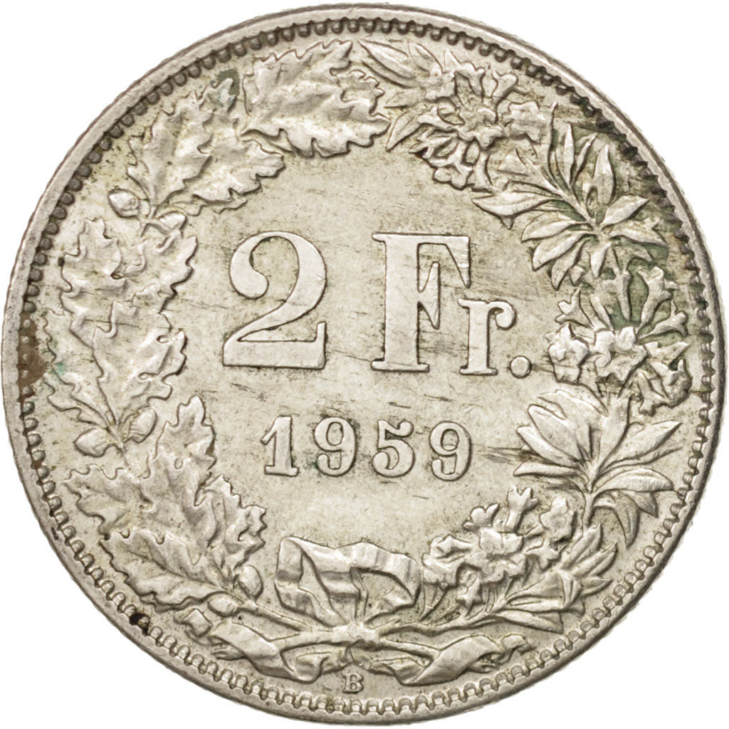 Switzerland, 2 Francs, 1959, Bern, AU(55-58), Silver, KM:21