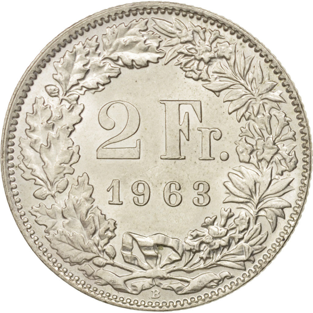 Coin, Switzerland, 2 Francs, 1963, Bern, MS(63), Silver, KM:21