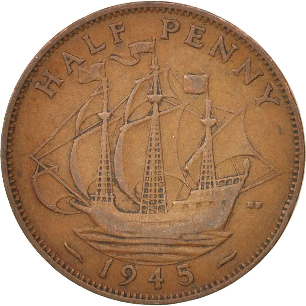 Coin, Great Britain, George VI, 1/2 Penny, 1945, VF(30-35), Bronze, KM:844