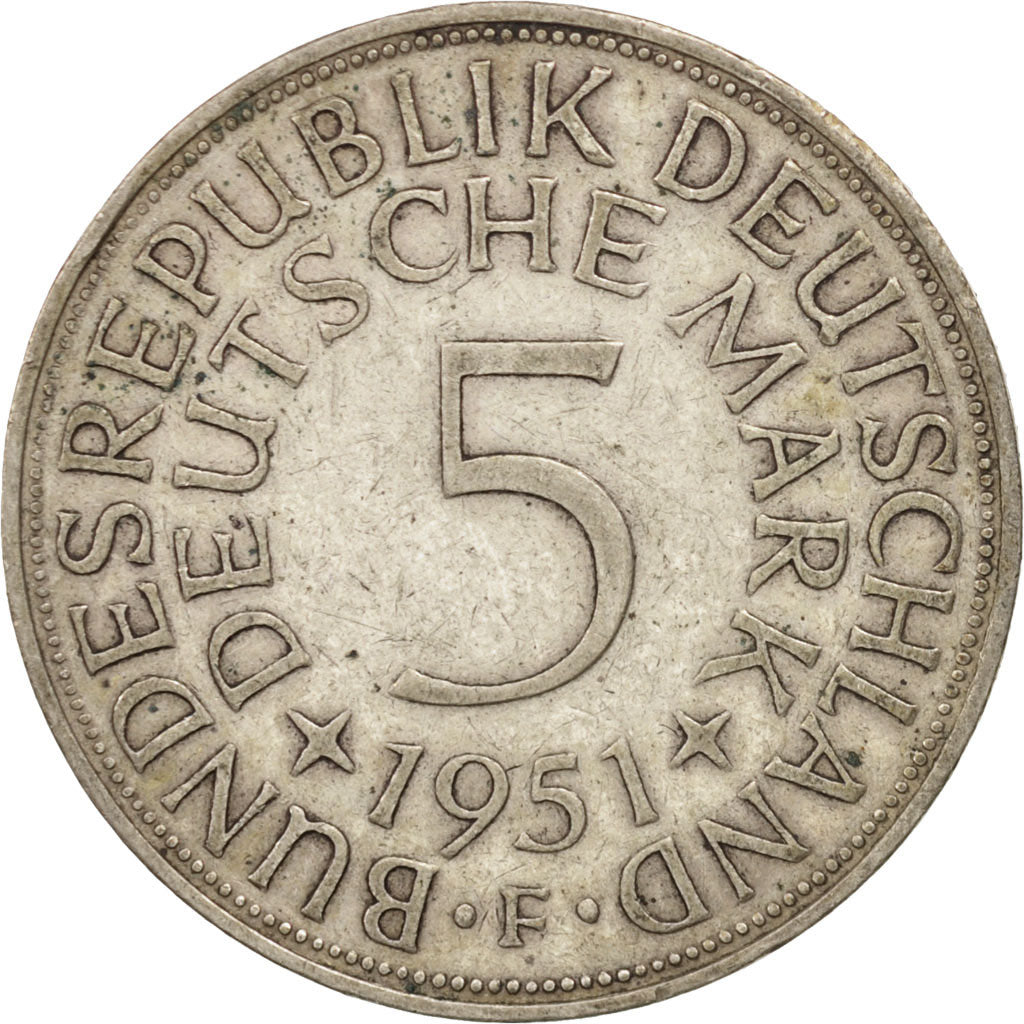 GERMANY - FEDERAL REPUBLIC, 5 Mark, 1951, Stuttgart, AU(50-53), Silver, KM:112.1