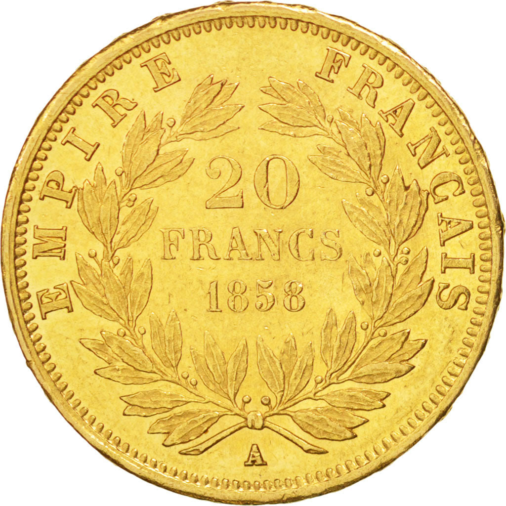 France, Napoleon III, 20 Francs, 1858, Paris, AU(50-53), Gold, KM:781.1