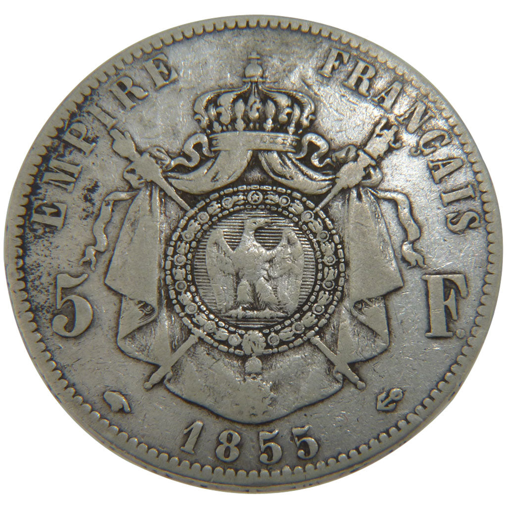 FRANCE, Napoléon III, 5 Francs, 1855, Paris, KM #782.1, VF(20-25), Silver, G...