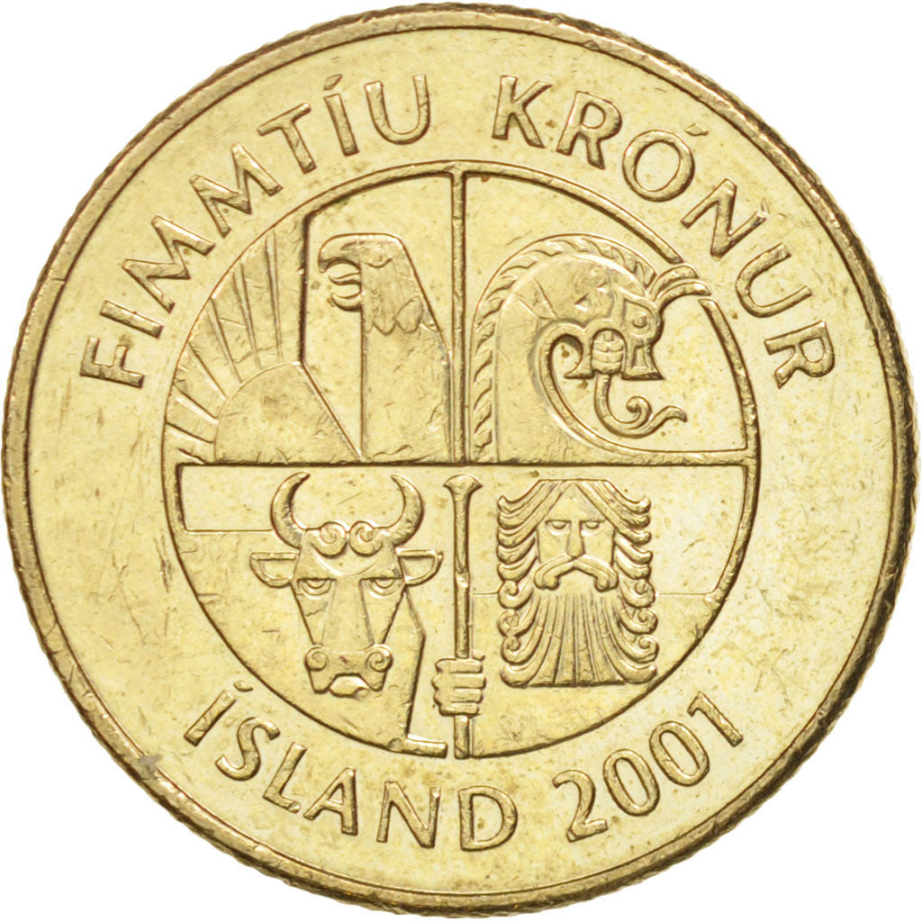 Iceland, 50 Kronur, 2001, AU(55-58), Nickel-brass, KM:31