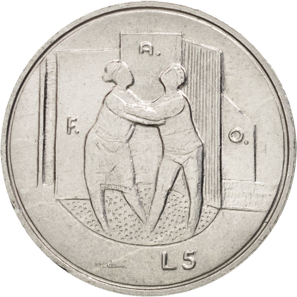 Coin, San Marino, 5 Lire, 1976, MS(63), Aluminum, KM:53