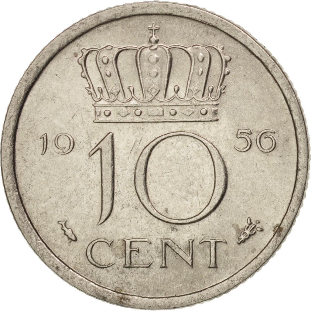 Coin, Netherlands, Juliana, 10 Cents, 1956, AU(55-58), Nickel, KM:182