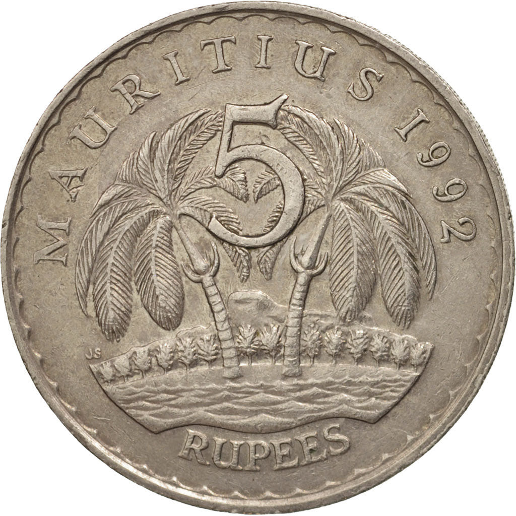 Coin, Mauritius, 5 Rupees, 1992, EF(40-45), Copper-nickel, KM:56