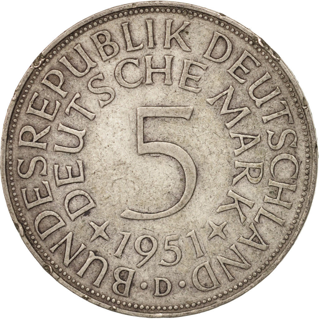 GERMANY - FEDERAL REPUBLIC, 5 Mark, 1951, Munich, EF(40-45), Silver, KM:112.1