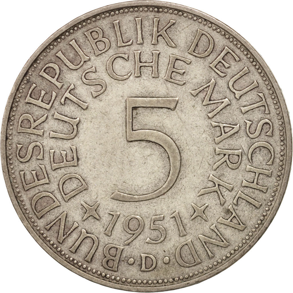 GERMANY - FEDERAL REPUBLIC, 5 Mark, 1951, Munich, EF(40-45), Silver, KM:112.1