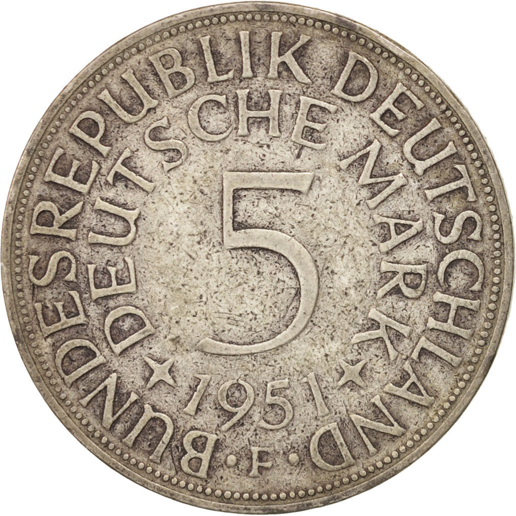 GERMANY - FEDERAL REPUBLIC, 5 Mark, 1951, Stuttgart, VF(30-35), Silver, KM:112.1