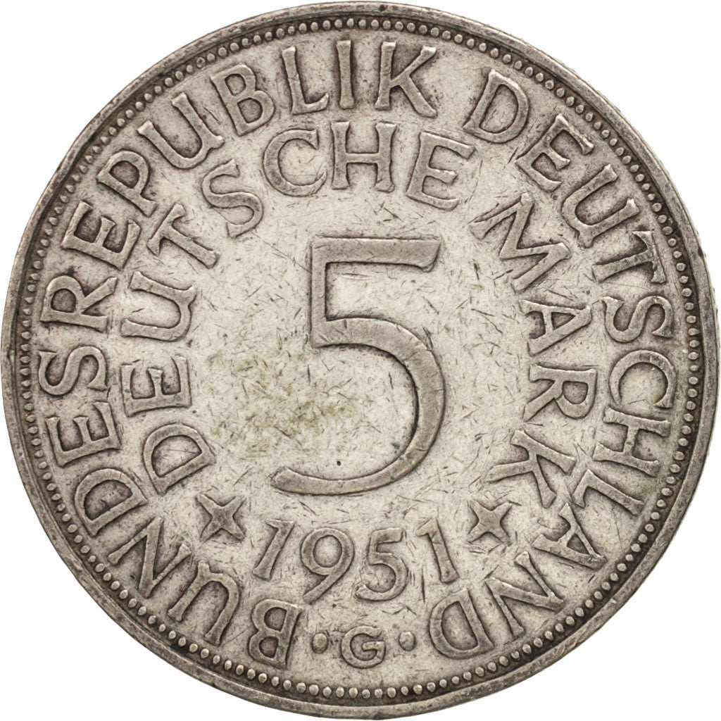 GERMANY - FEDERAL REPUBLIC, 5 Mark, 1951, Karlsruhe, EF(40-45), Silver, KM:112.1