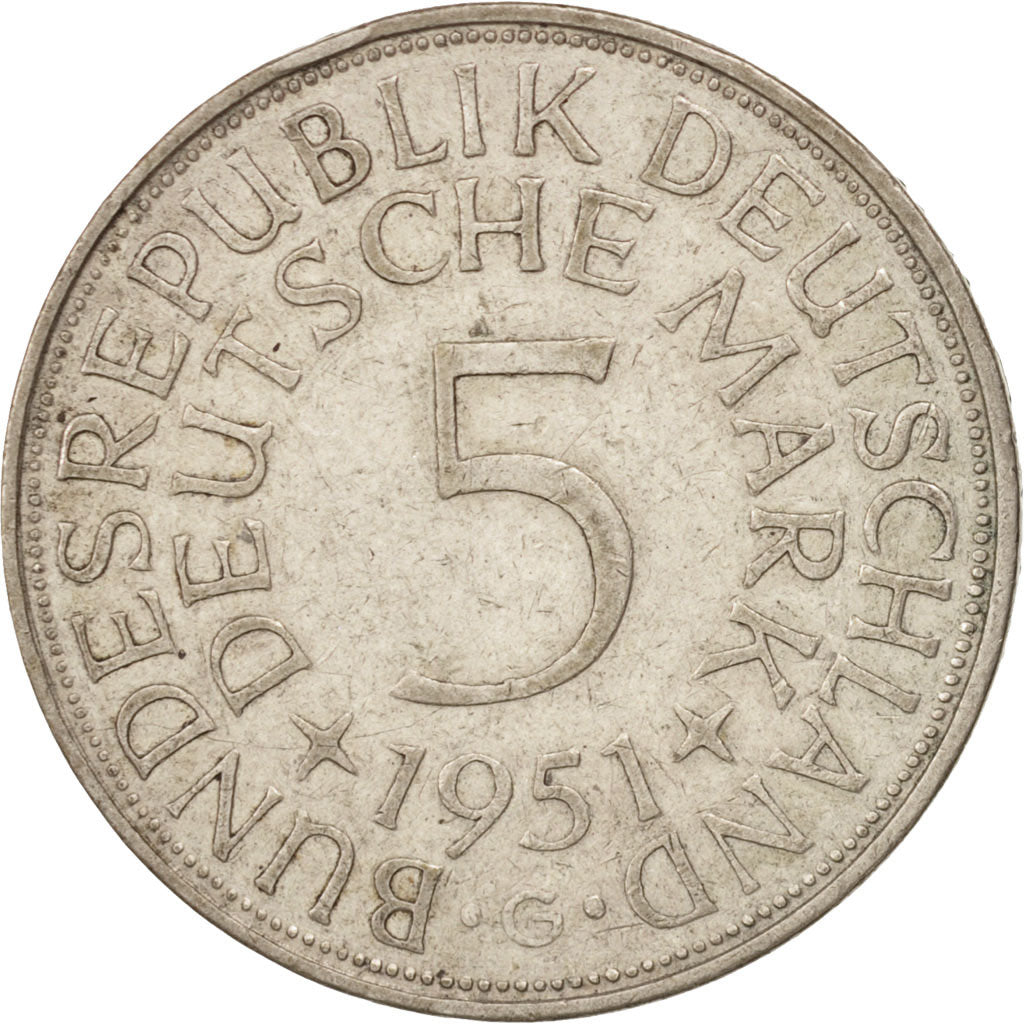 Coin, GERMANY - FEDERAL REPUBLIC, 5 Mark, 1951, Karlsruhe, EF(40-45), Silver