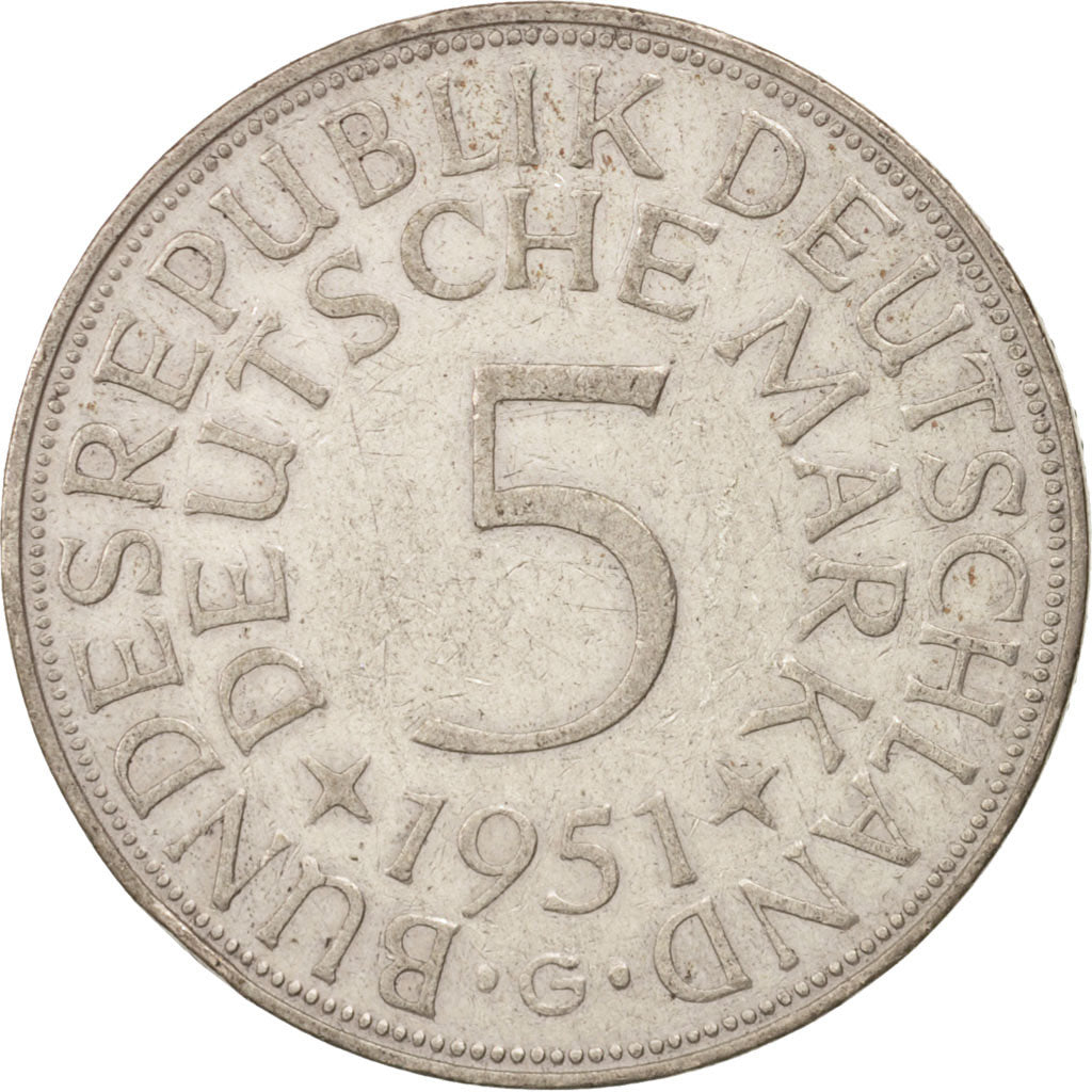 Coin, GERMANY - FEDERAL REPUBLIC, 5 Mark, 1951, Karlsruhe, AU(50-53), Silver