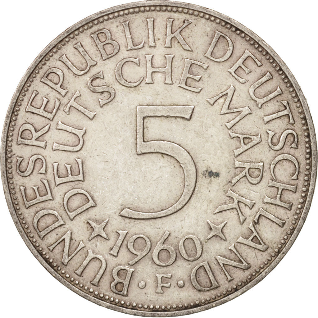 GERMANY - FEDERAL REPUBLIC, 5 Mark, 1960, Stuttgart, AU(50-53), Silver, KM:112.1