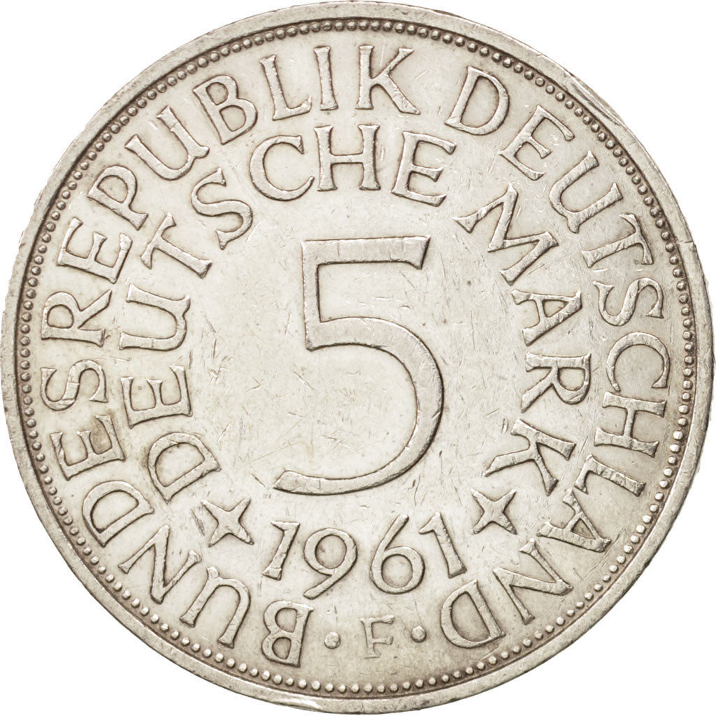 GERMANY - FEDERAL REPUBLIC, 5 Mark, 1961, Stuttgart, EF(40-45), Silver, KM:112.1