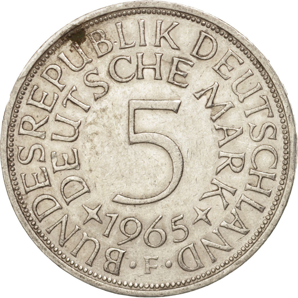 GERMANY - FEDERAL REPUBLIC, 5 Mark, 1965, Stuttgart, AU(50-53), Silver, KM:112.1