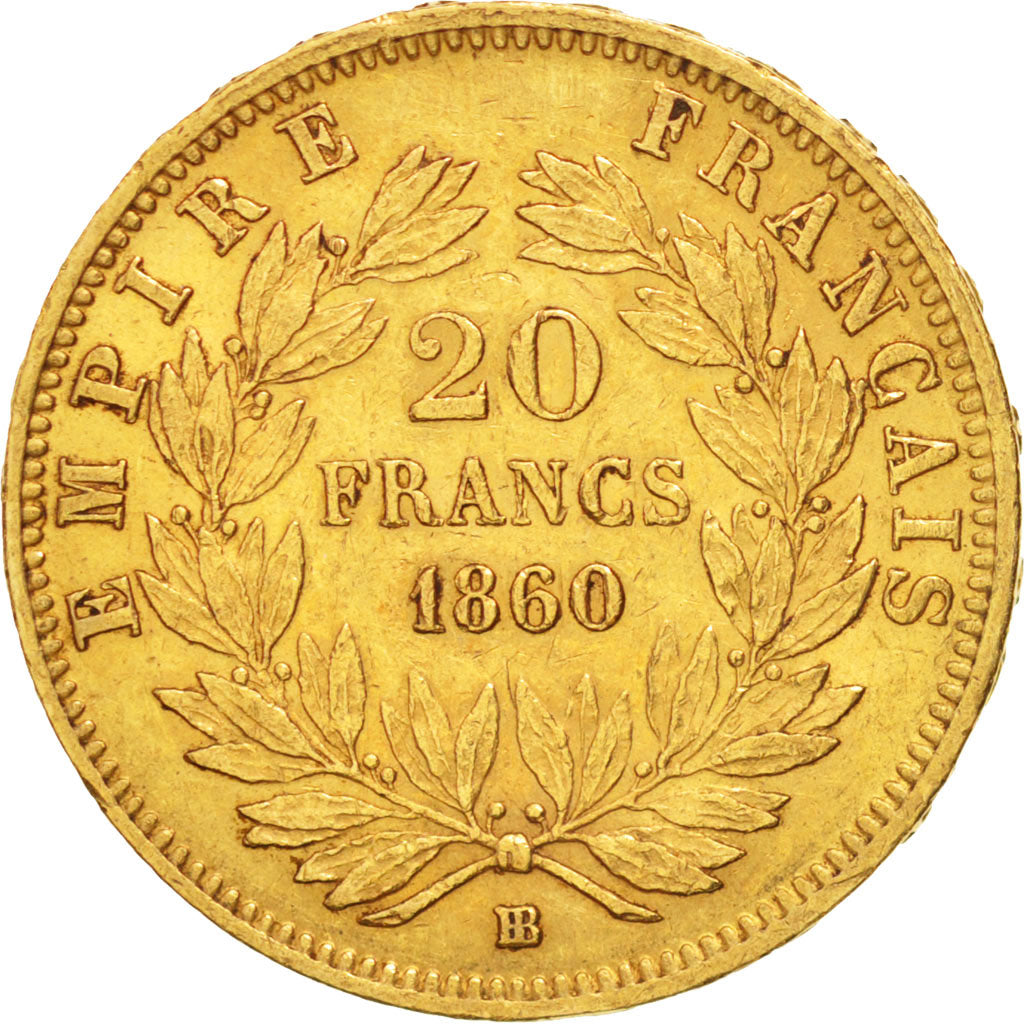 France, Napoleon III, 20 Francs, 1860, Strasbourg, EF(40-45), Gold, KM:781.2