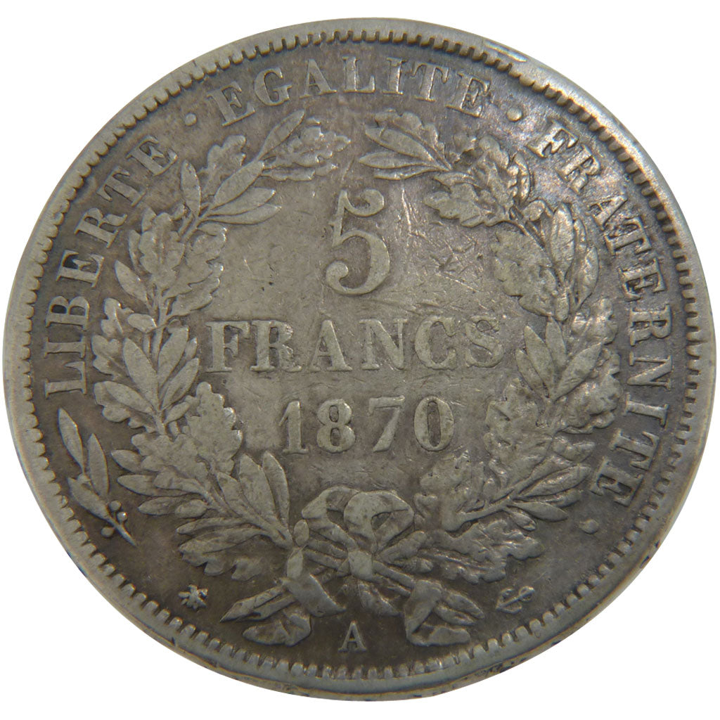 FRANCE, Cérès, 5 Francs, 1870, Paris, KM #819, VF(30-35), Silver, Gadoury #743, 