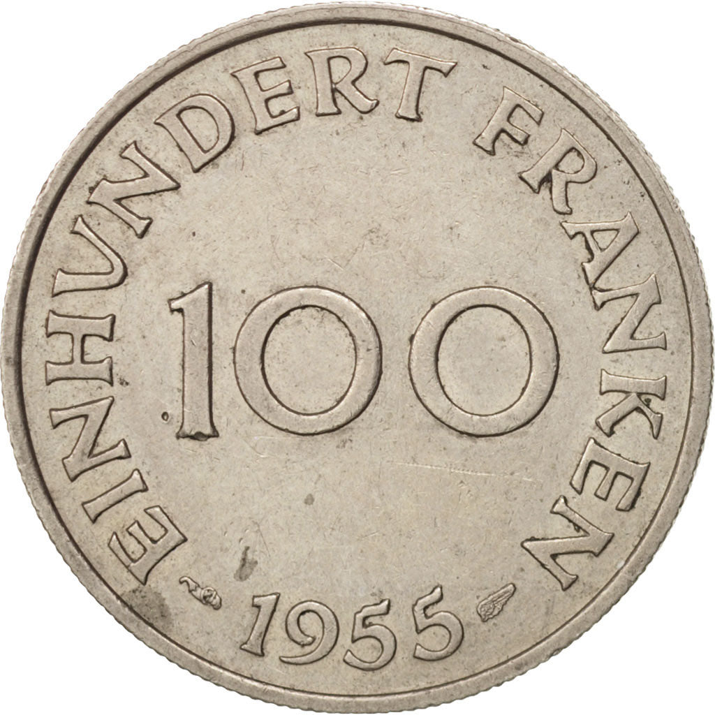 SAARLAND, 100 Franken, 1955, Paris, AU(55-58), Copper-nickel, KM:4