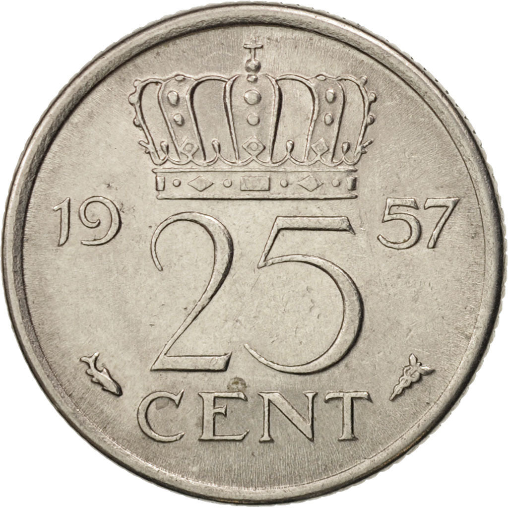 Coin, Netherlands, Juliana, 25 Cents, 1957, AU(55-58), Nickel, KM:183
