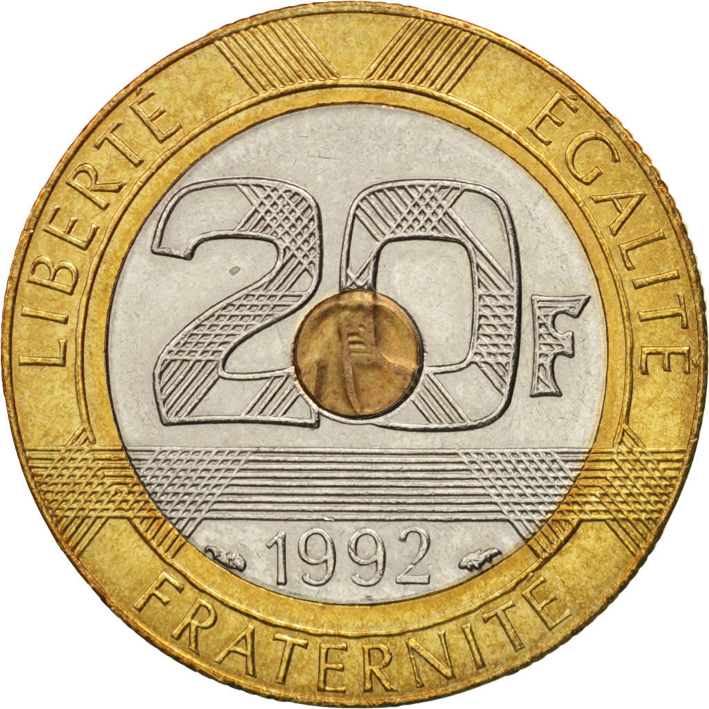 France, Mont Saint Michel, 20 Francs, 1992, MS(63), Tri-Metallic, KM:1008.1