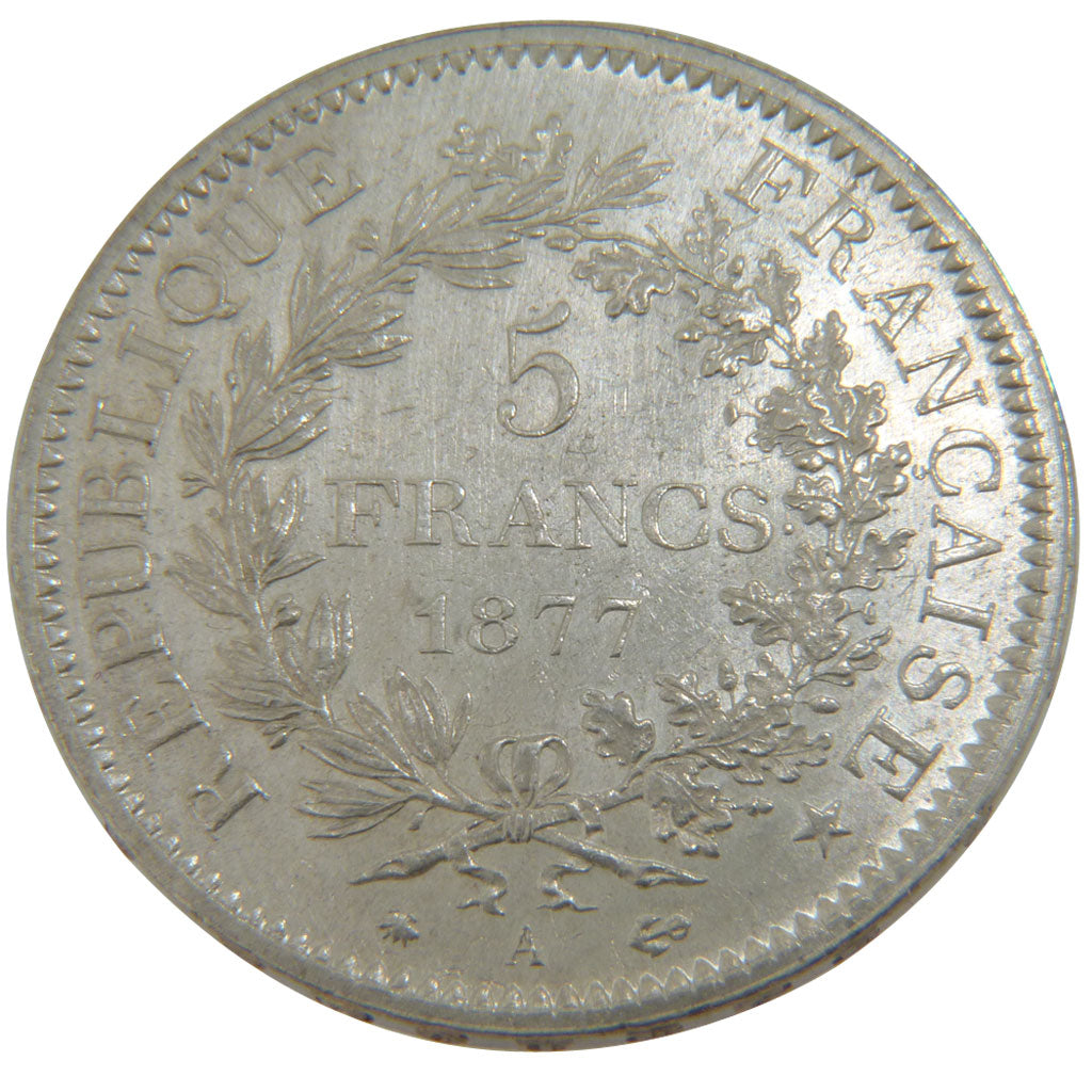 FRANCE, Hercule, 5 Francs, 1877, Paris, KM #820.1, AU(55-58), Silver, Gadoury...