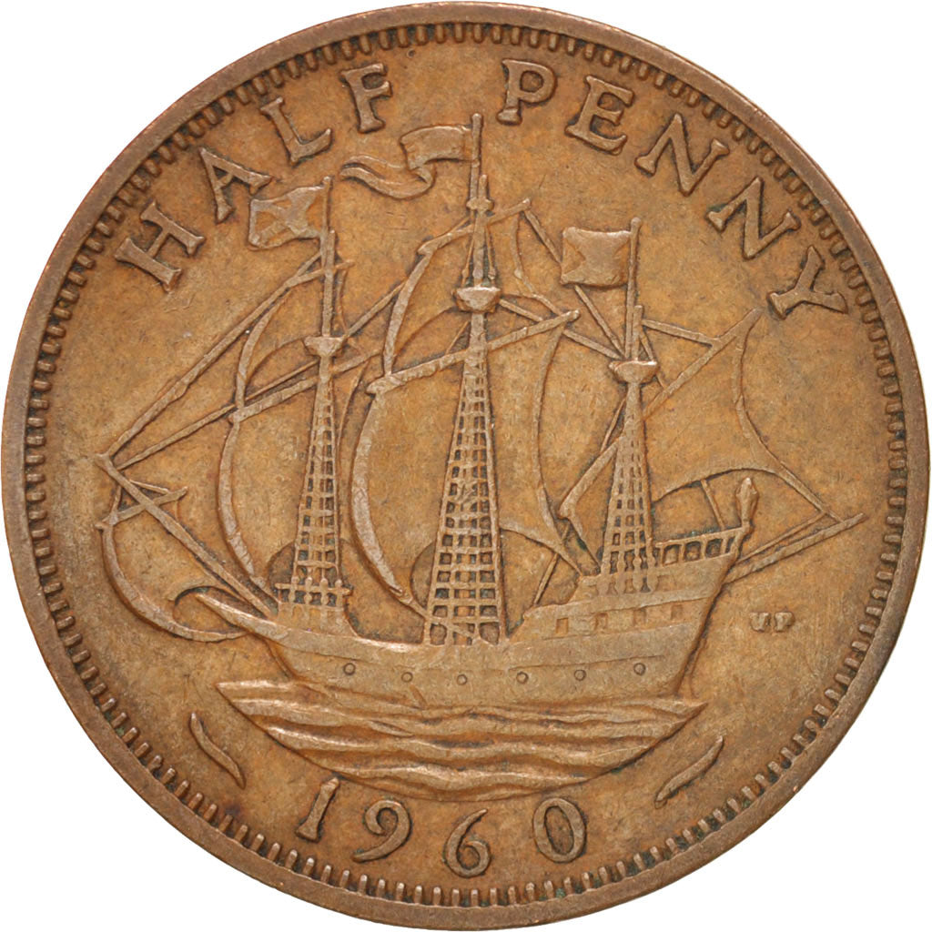 Coin, Great Britain, Elizabeth II, 1/2 Penny, 1960, VF(20-25), Bronze, KM:896