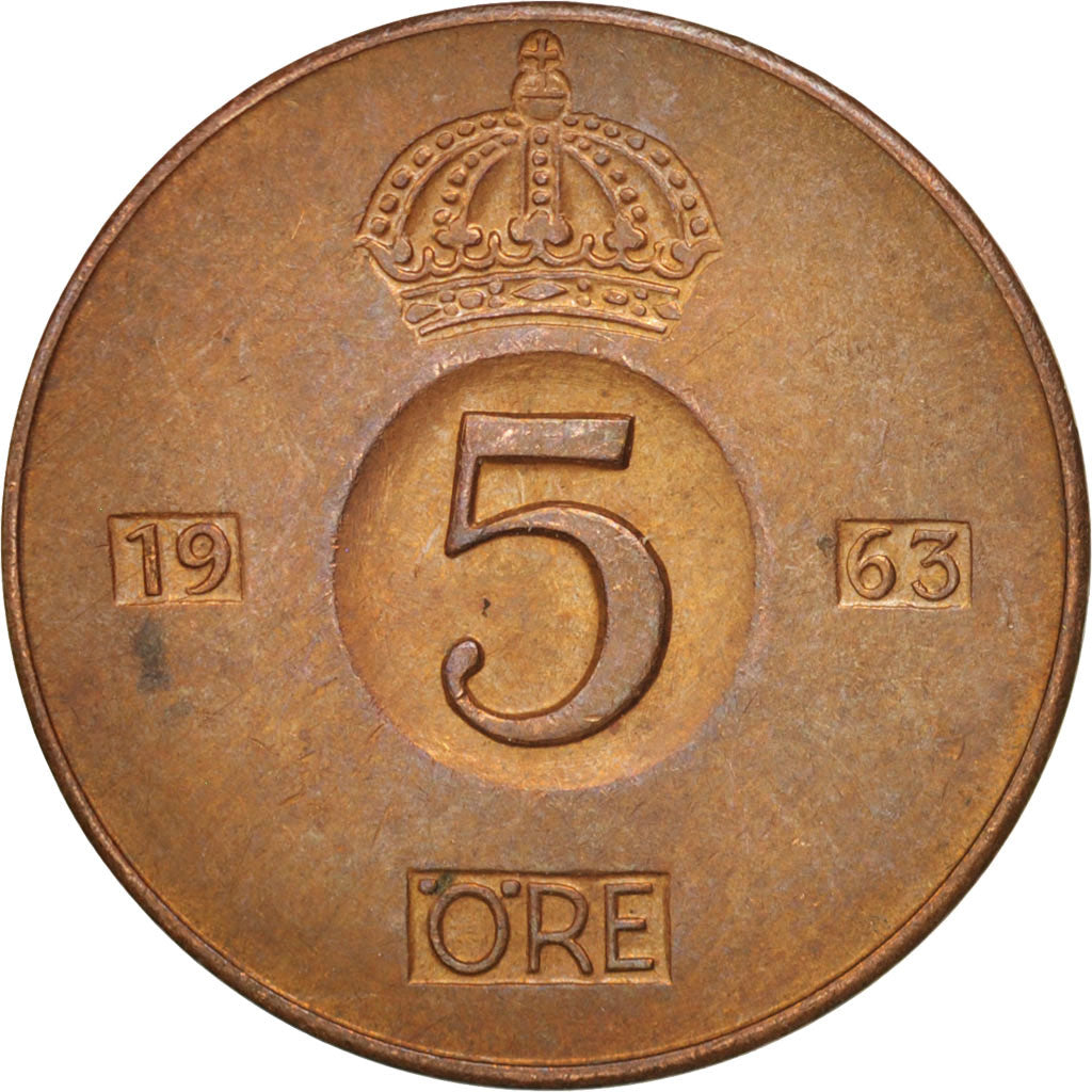 Coin, Sweden, Gustaf VI, 5 Öre, 1963, AU(55-58), Bronze, KM:822