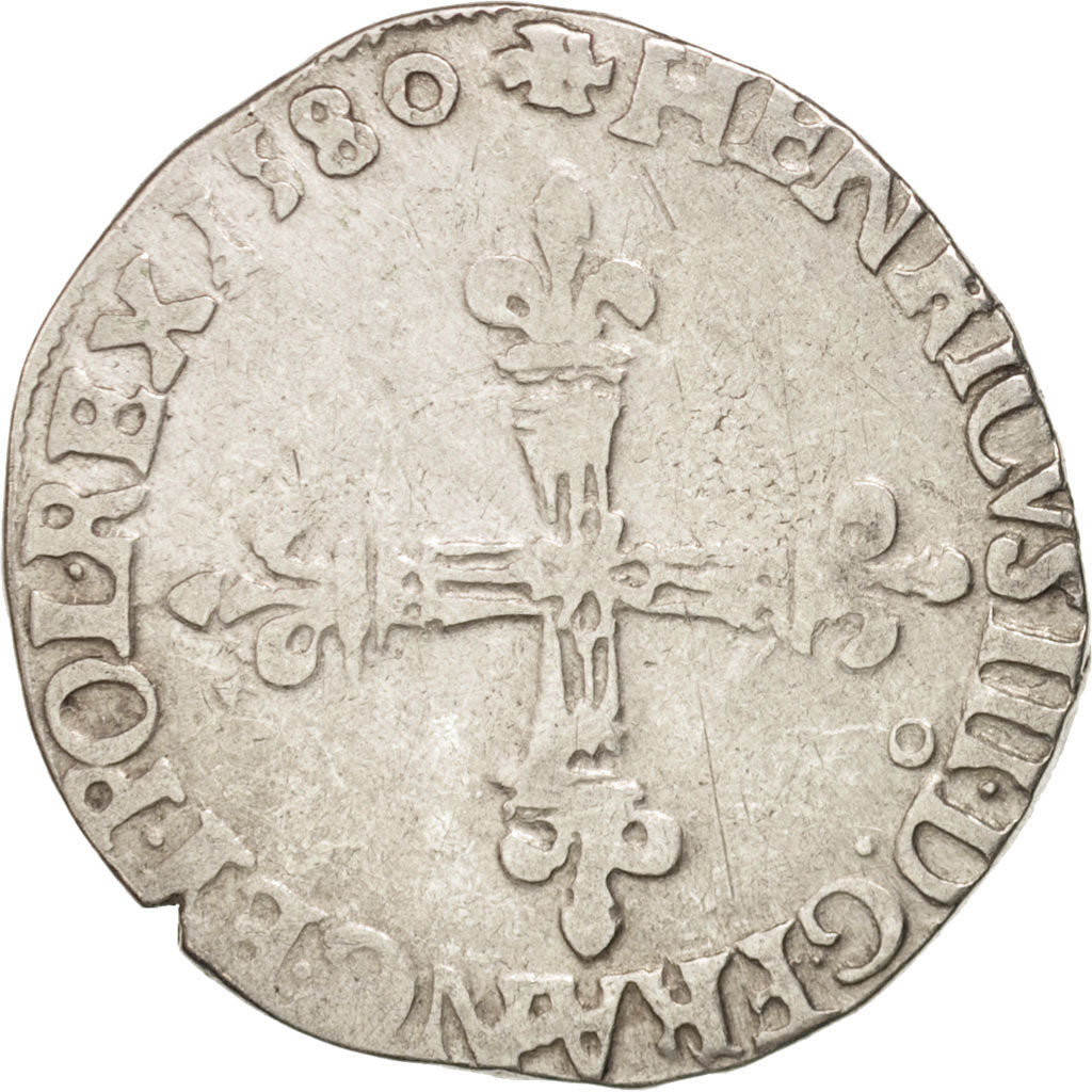France, Henri III, 1/4 Ecu, 1580, Rennes, VF(30-35), Silver, Sombart:4662