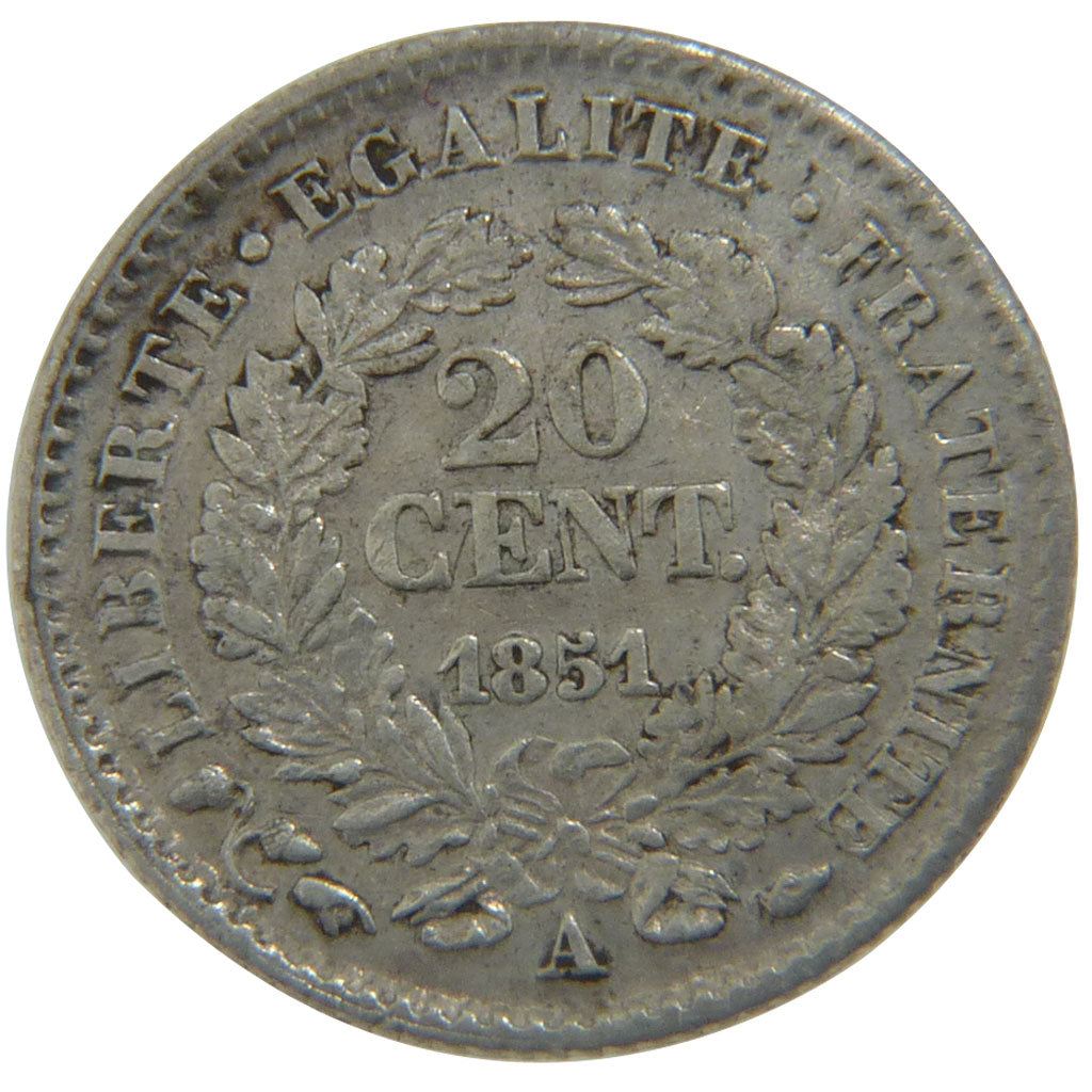 FRANCE, Cérès, 20 Centimes, 1851, Paris, KM #758.1, EF(40-45), Silver, Gadoury #
