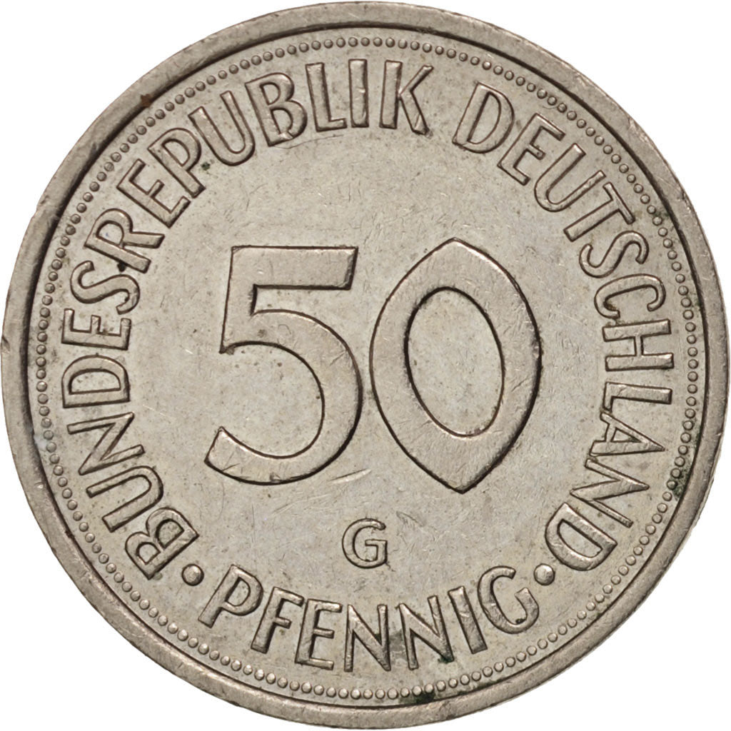 Moneda, ALEMANIA - REPÚBLICA FEDERAL, 50 Pfennig, 1989, Karlsruhe, MBC+, Cobre
