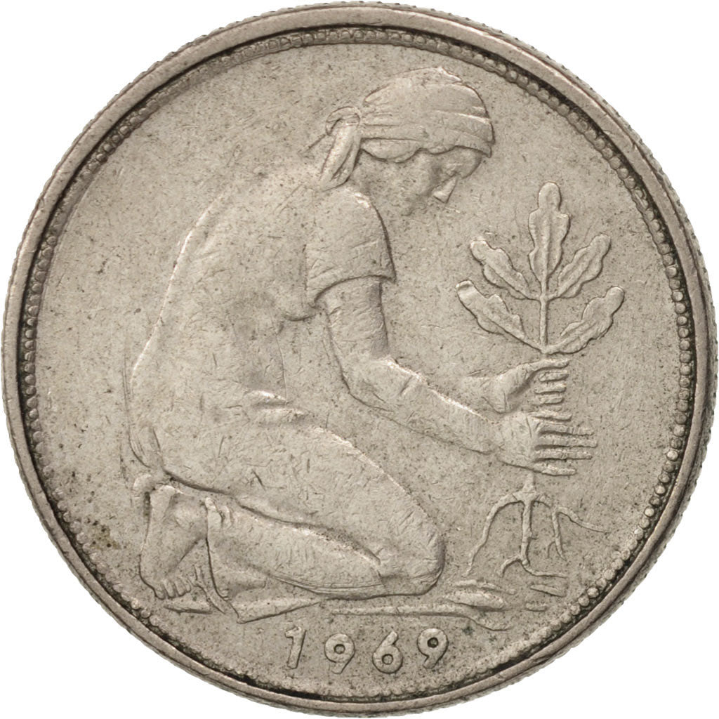 Moneda, ALEMANIA - REPÚBLICA FEDERAL, 50 Pfennig, 1969, Stuttgart, MBC, Cobre -