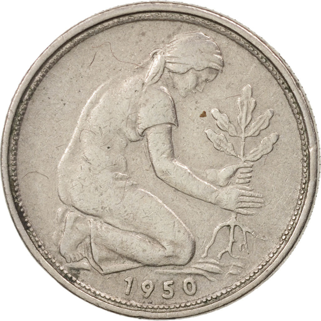 GERMANY - FEDERAL REPUBLIC, 50 Pfennig, 1950, Karlsruhe, AU(50-53), KM:109.1
