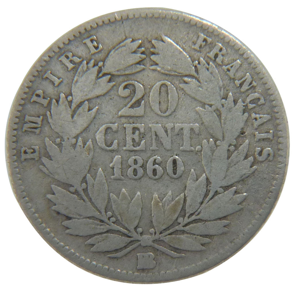 FRANCE, Napoléon III, 20 Centimes, 1860, Strasbourg, VF(20-25), Silver, Gadoury
