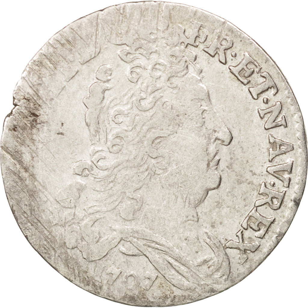 France, Louis XIV, 10 Sols aux insignes, 1707, Rouen, VF(30-35), KM:349.2